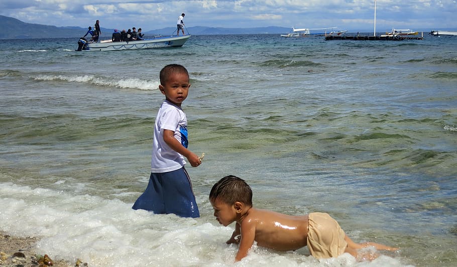 niños, jugar, playa, al aire libre, jóvenes, filipinas, infancia, niño, agua, mar
