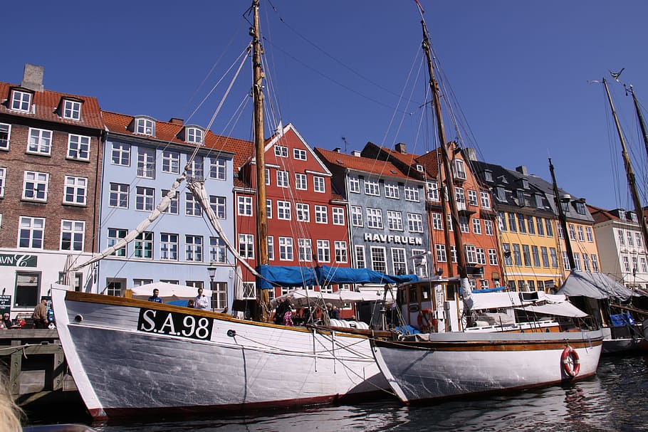two, boat, houses, nyhavn, boats, harbour, canal, denmark, danish, nordic