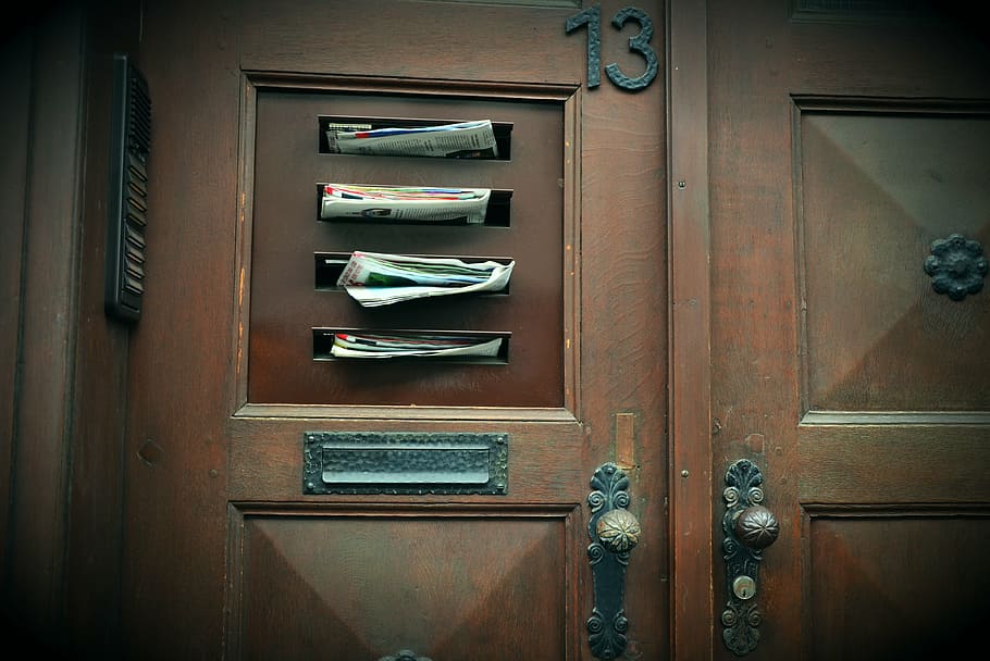 door, old, newspapers, mailbox, house entrance, old door, wood, front door, iron, wallet