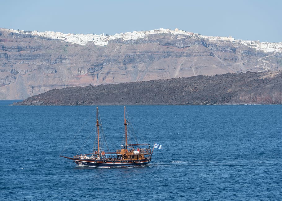 Santorini, Pirate Ship, Ship, Mountains, Water, mountains, scenery, boat, ocean, vessel, travel