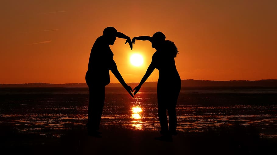 puesta de sol, pareja, romance, romántico, personas, relación, crepúsculo, silueta, mar, agua