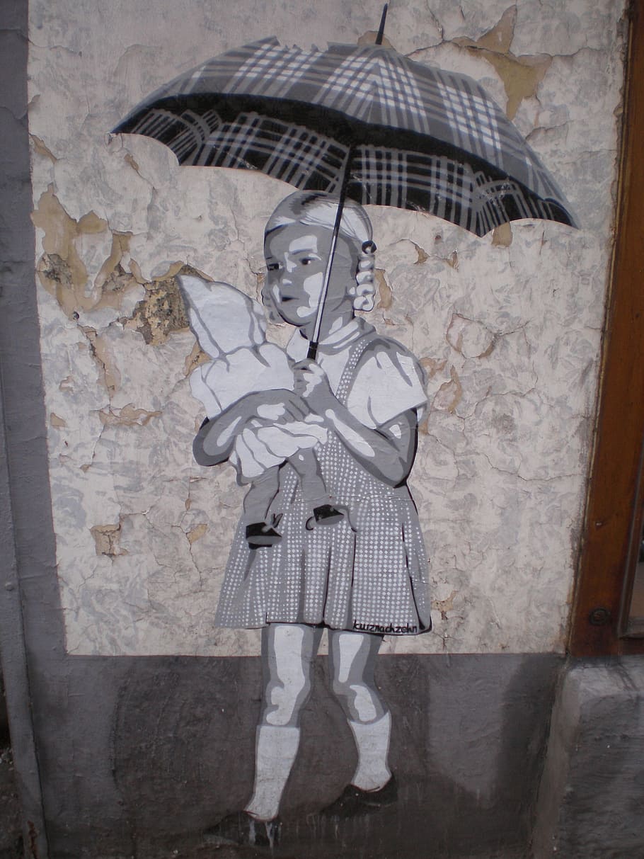 art, graffiti, street art, düsseldorf, little girl, doll, umbrella, protection, human representation, representation