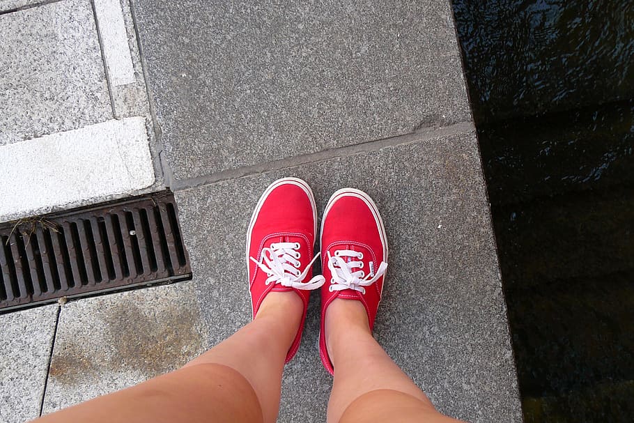 person, wearing, read, sneakers, legs, feet, away, contrast, woman, red