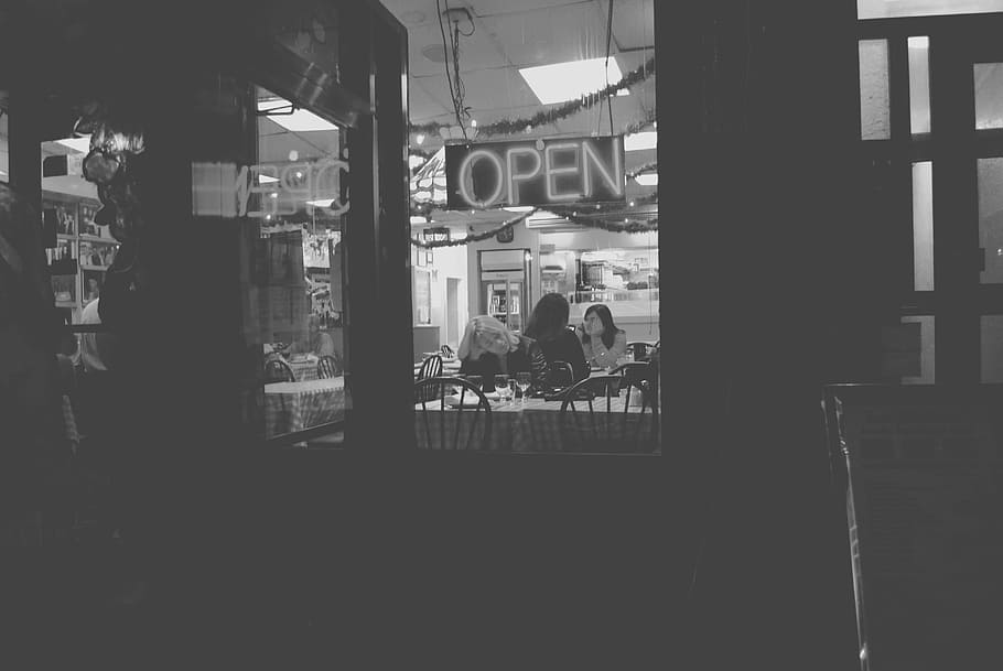 untitled, gray, scale, two, girls, sitting, chairs, cafe, restaurant, open