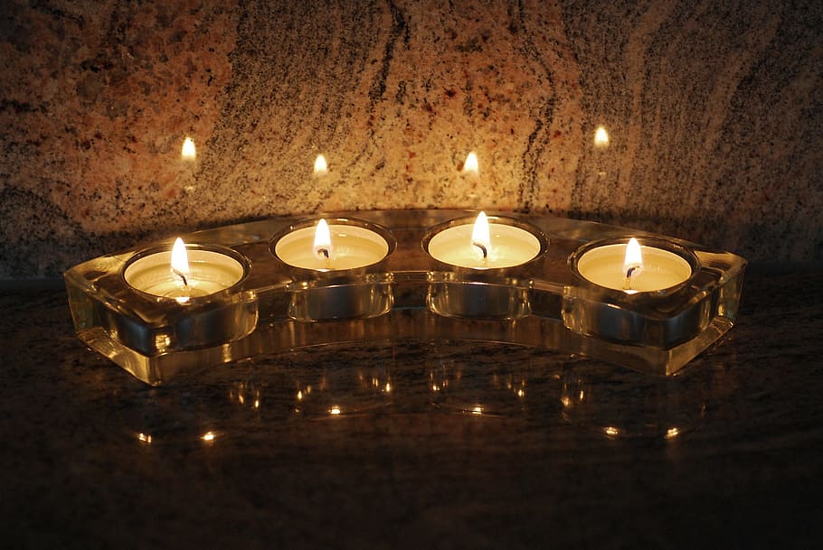 tealight, glass holder, mirroring, flame, granite, illuminated, candle, fire, burning, indoors
