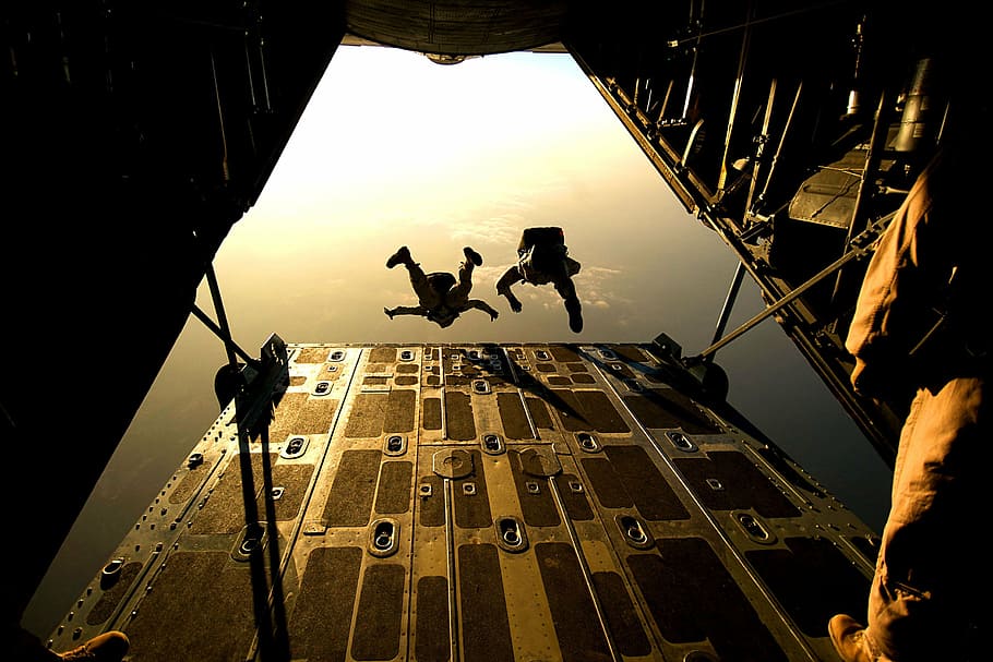 two, man jump, plane movie scene, parachute, skydiving, parachuting, jumping, training, military, para-rescuers