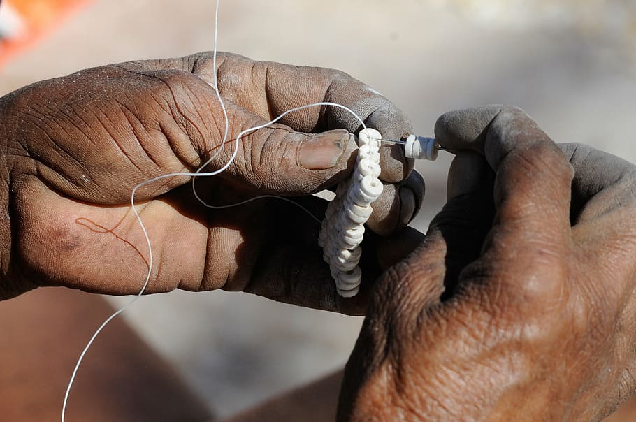 botswana, jewellery, craft, tradition, ostrich egg shell, bracelet, human hand, human body part, one person, people