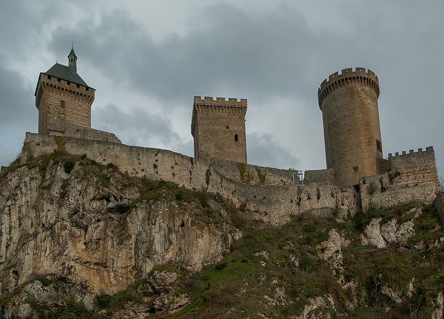 foto, gris, hormigón, castillo, foix, fortaleza, murallas, excursiones, castillo medieval, arquitectura
