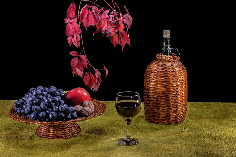 wine, grapes, a bunch of, a glass of wine, glass, binge, nuts, walnuts, red leaves, the leaves of wild grapes