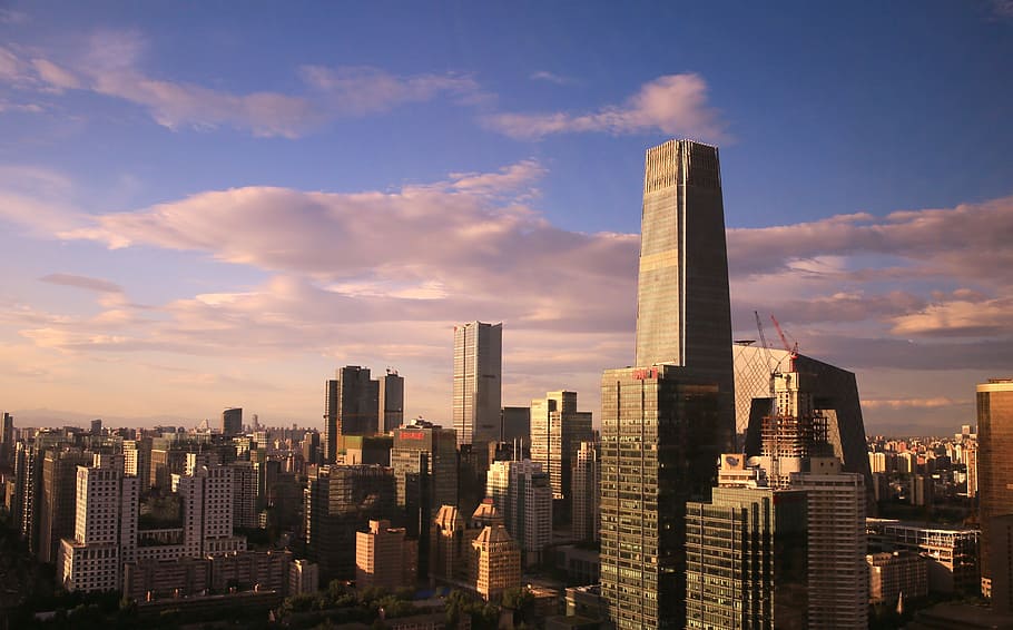 高層ビル, 黄金, 時間, 北京, eon, 夕暮れ, 建物の外観, 建築, 建造物, 空