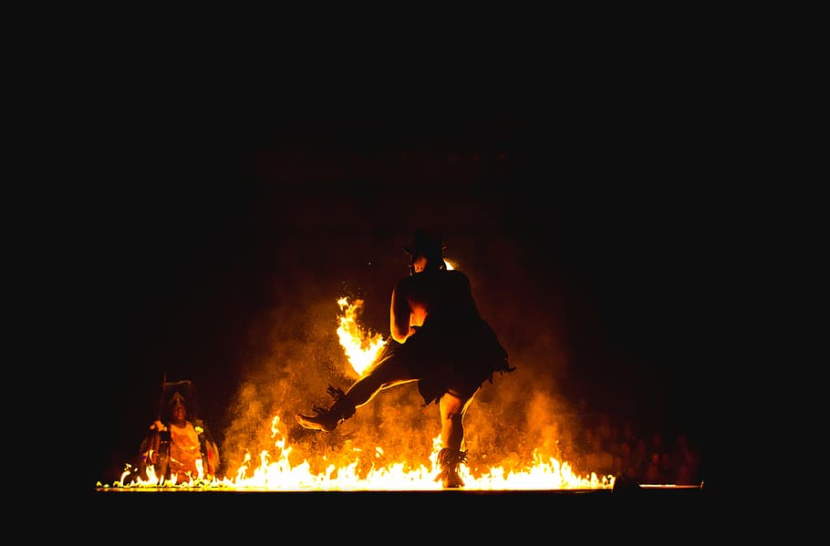 person fire dancing, firedancing, nighttime, bonfire, fire, dance, people, man, woman, flame