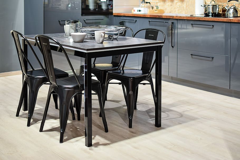 black, dining table, 4 chairs, blue, cabinetry, modern kitchen, furniture, chair, room, modern