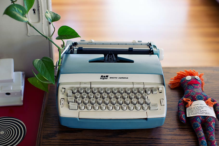 azul, cinza, máquina de escrever, marrom, mesa, branco, tipo, escritor, escrita, escritório
