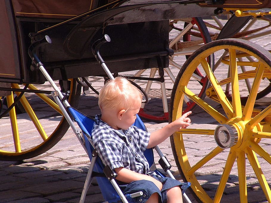 Child, Wagon Wheel, Coach, Vienna, fiaker, horse drawn carriage, wheel, wooden wheels, historically, nostalgic