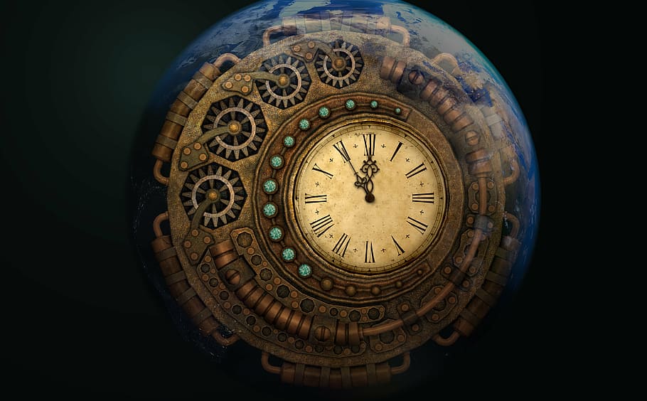 round, brown, clock, showing, 11:55, time, moondial, time machine, moon time, full moon
