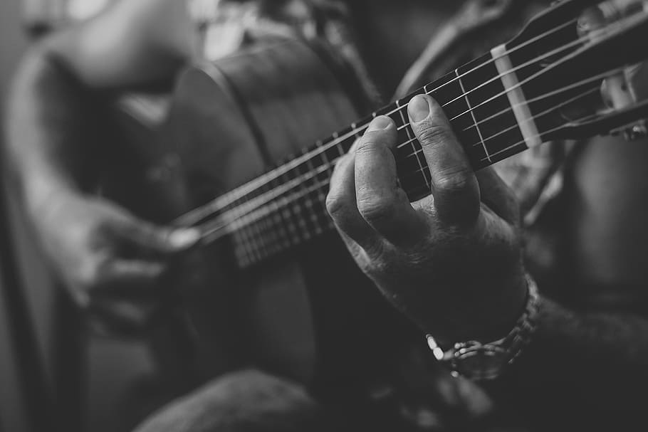 grayscale photo, person, playing, Guitar, Musician, Music, Instrument, music, instrument, musical, guitarist