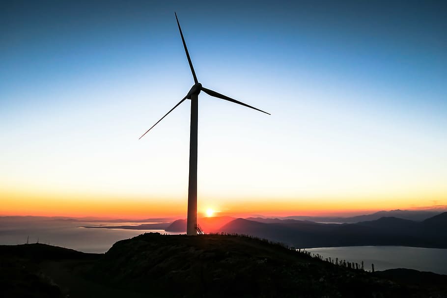 wind mill, sea, clear, blue, sky, daytime, silhouette, windmill, top, hill