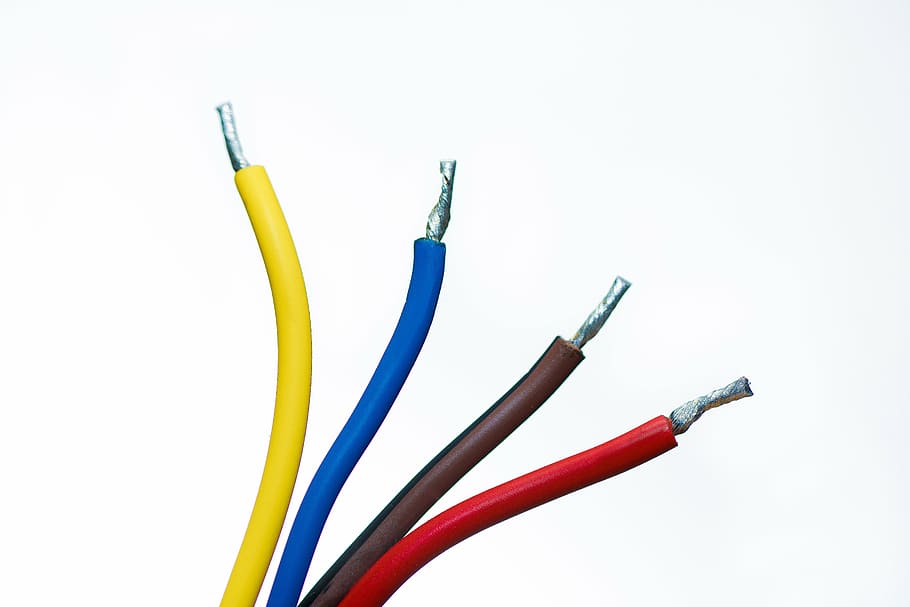 empat, kuning, biru, coklat, merah, dilapisi, kabel, kombinasi, terhubung, komunikasi