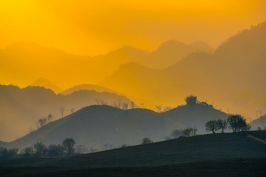 green, coated, hills, sunset, vietnam, sunrise, dawn, morning, mountains, landscape