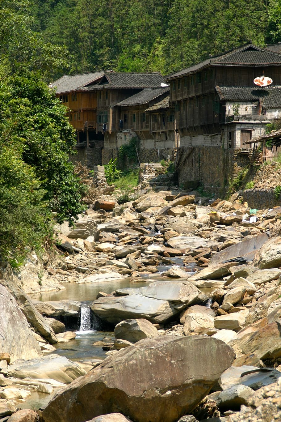 river, bed, riverbed, china, dry, tree, built structure, rock, solid, architecture