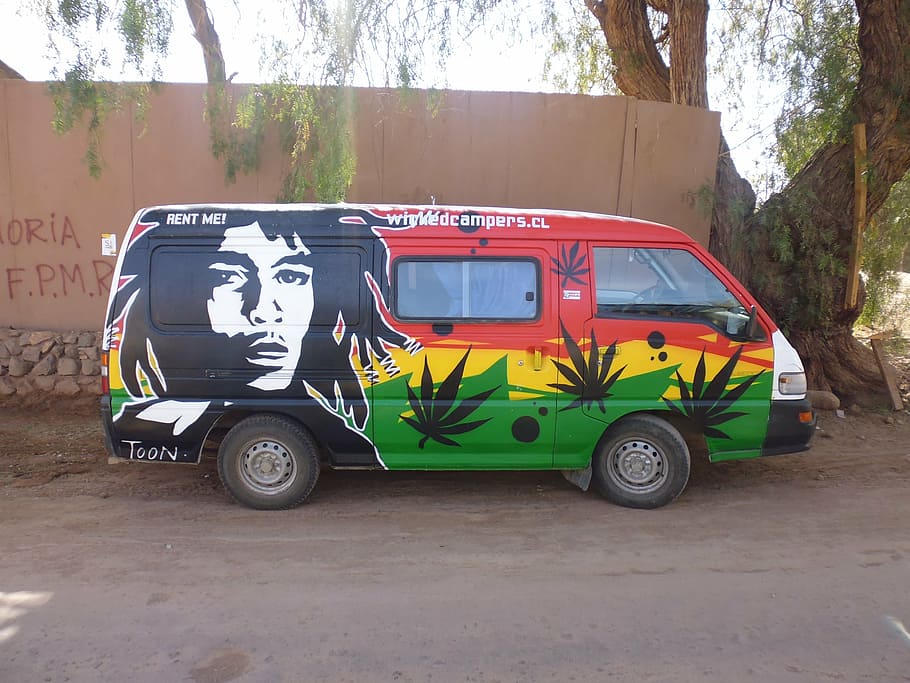 red, yellow, green, van, parked, brown, road, hippie, bob marley, marijuana