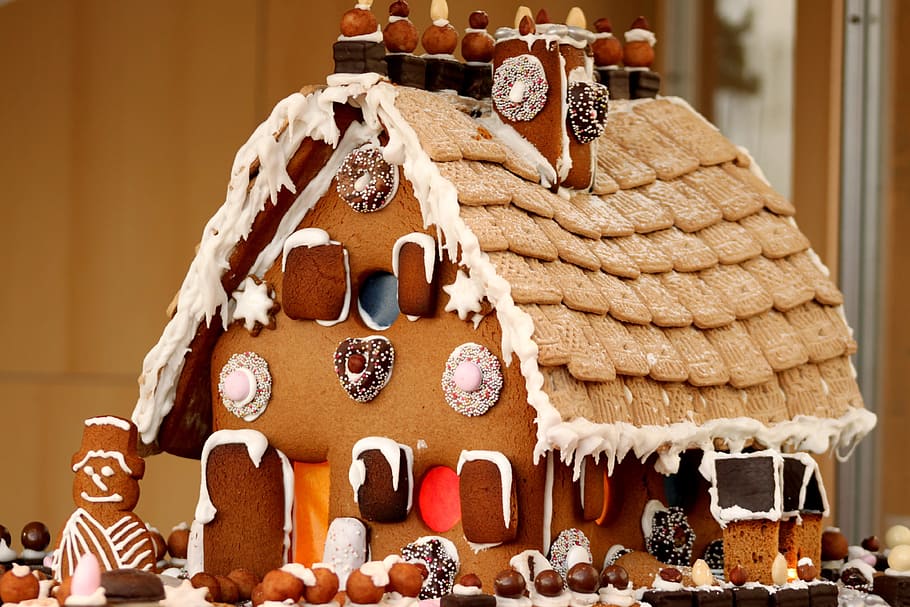 marrón, blanco, modelo de casa de pan de jengibre, navidad, estrella, tiempo de navidad, adviento, fondo, cielo estrellado, cielo