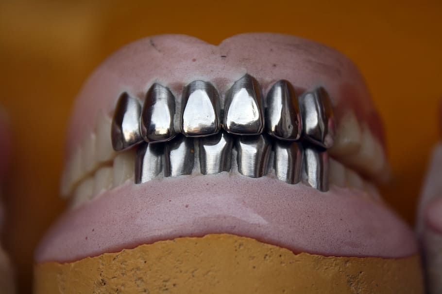 silver teeth dentures, Metal, Teeth, Dental, Denture, metal teeth, orthodontic, mouth, oral, close-up