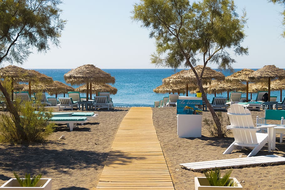 beach, greece, santorini, palms, travel, sand, umbrellas, relax, trip, vacation