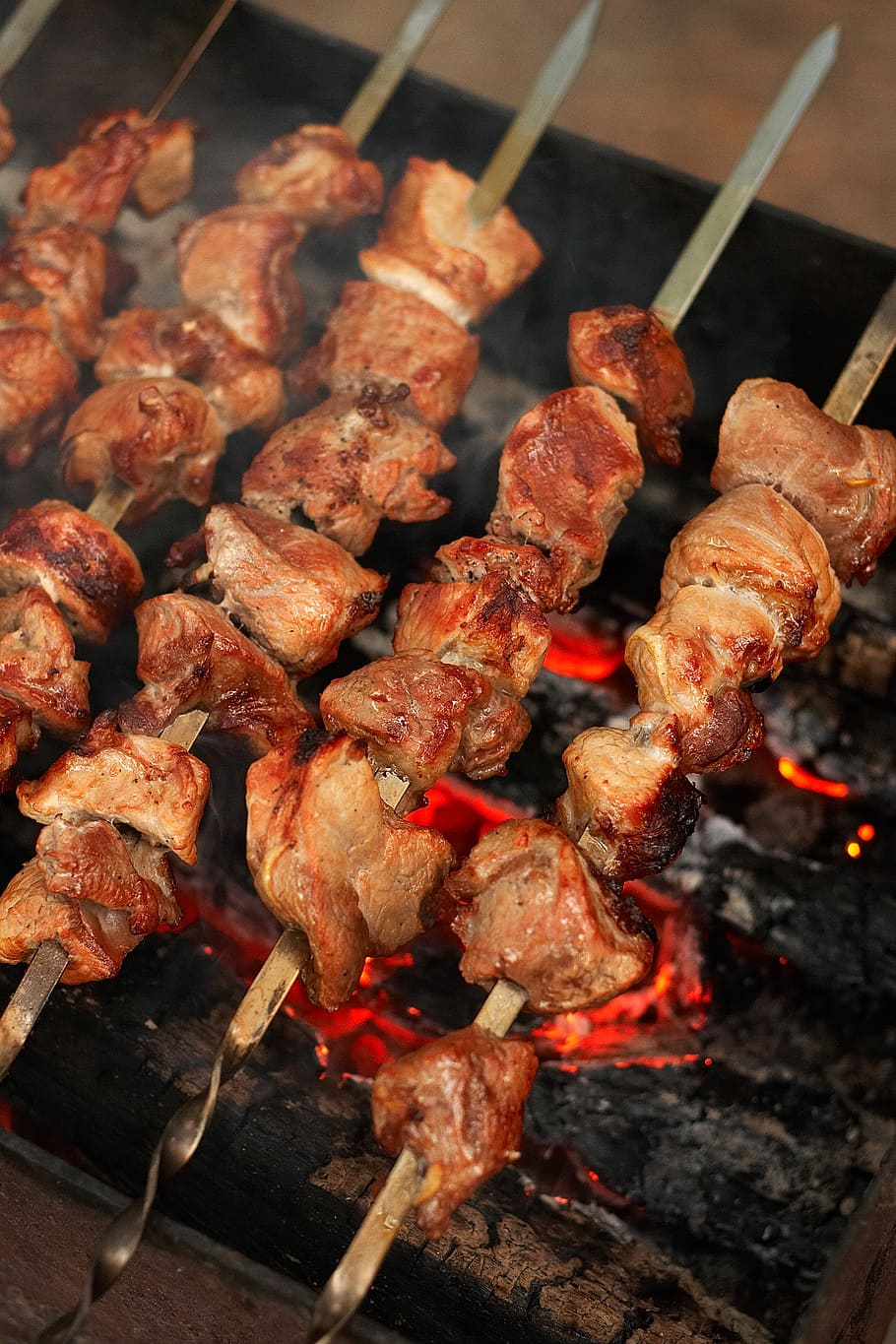 grilled barbecues, food, picnic, shish kebab, meat, mangal, fried meat, frying, coals, on the nature