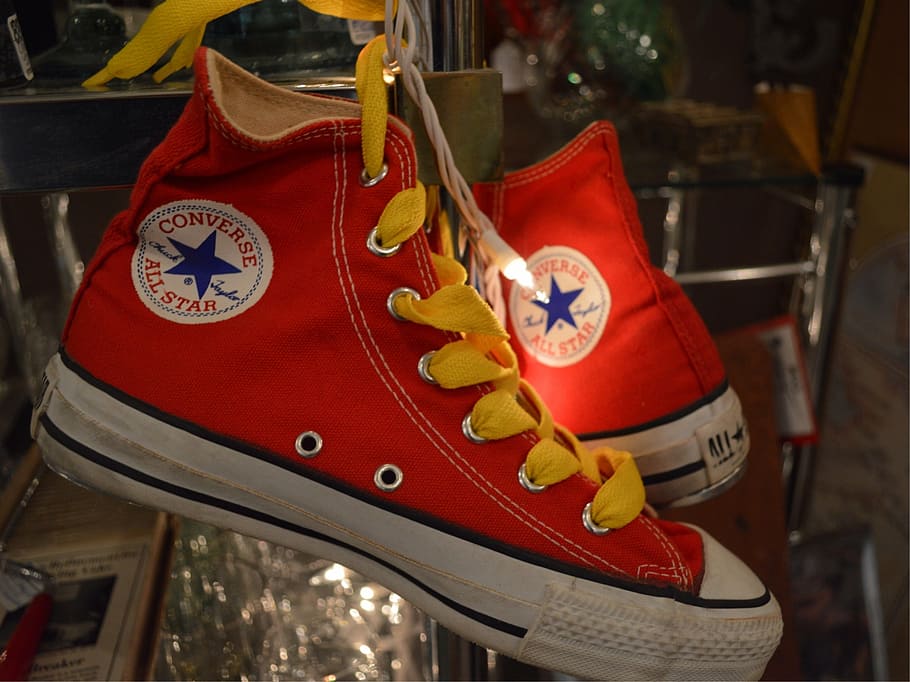 converse, all stars, red, shoelaces, yellow, fashion, foot, footwear, sport, focus on foreground