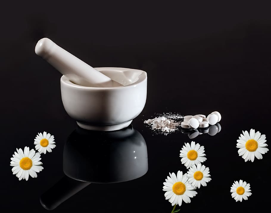 white, mortal, pestle, homeopathy, medical, chamomile, naturopathic medicine, plant, healing, flower essences