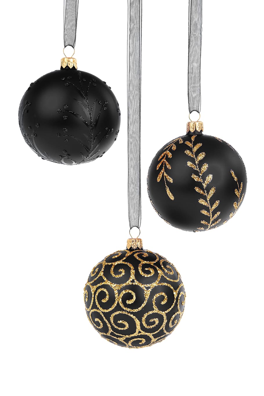 tres bolas de oro y negro, Bola, Bolas, Adorno navideño, Celebración, Navidad, Diciembre, Decoración, Decorativo, Vidrio