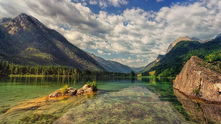 body, water, mountain, covered, trees, hintersee, alpine, lake, landscape, bavaria