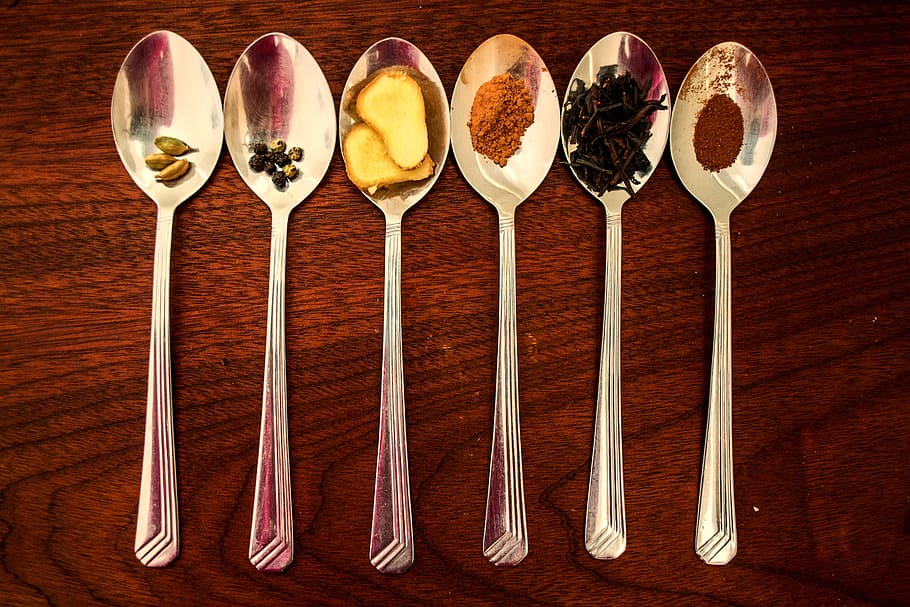six, grey, stainless, steel spoon, spices, masala, chai, tea, ingredients, ginger