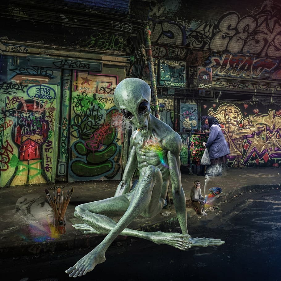 alien, aliens, street art, street, colorful, mystic, keller, color, paint, fantasy