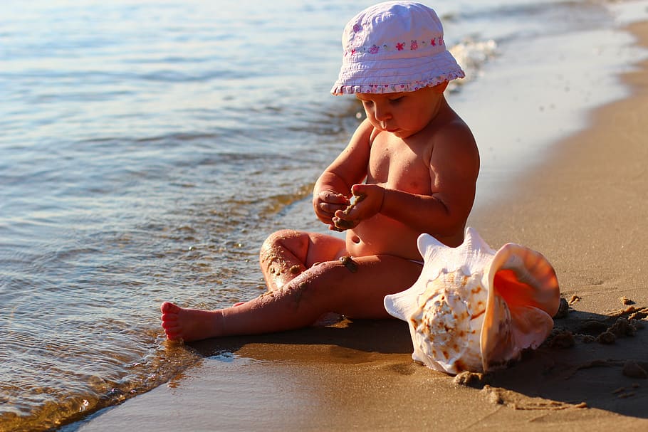 bebê, vestindo, branco, chapéu, ao lado de, concha, crianças, mar, praia, feliz