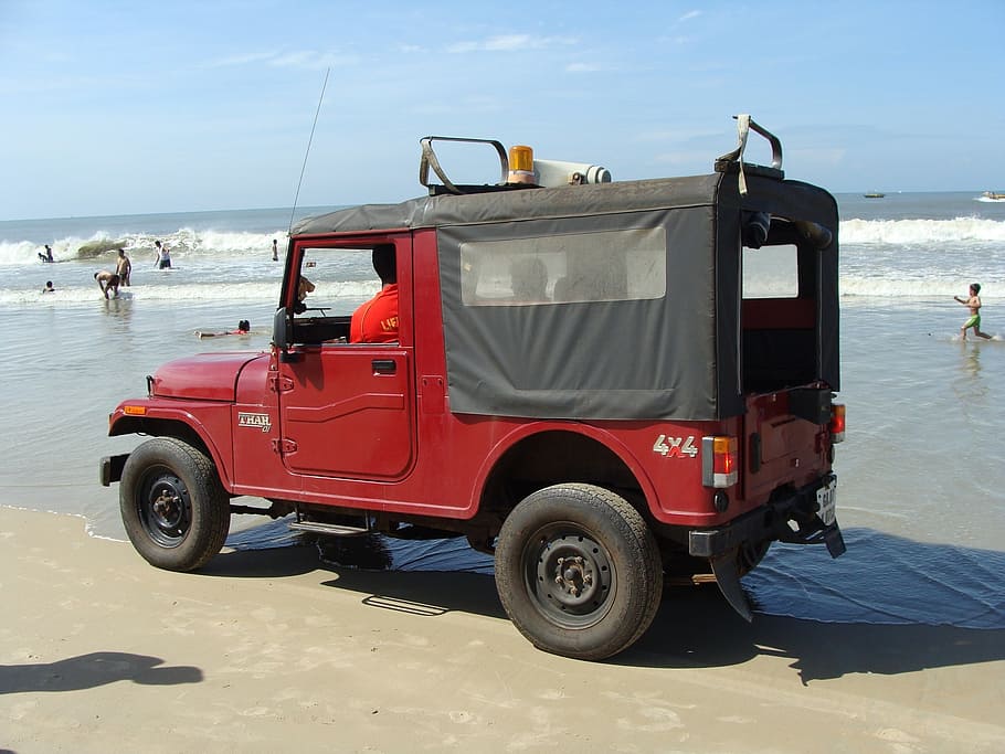 patrulla, jeep, camioneta, playa, vehículo, seguridad, mar, árabe, goa, india