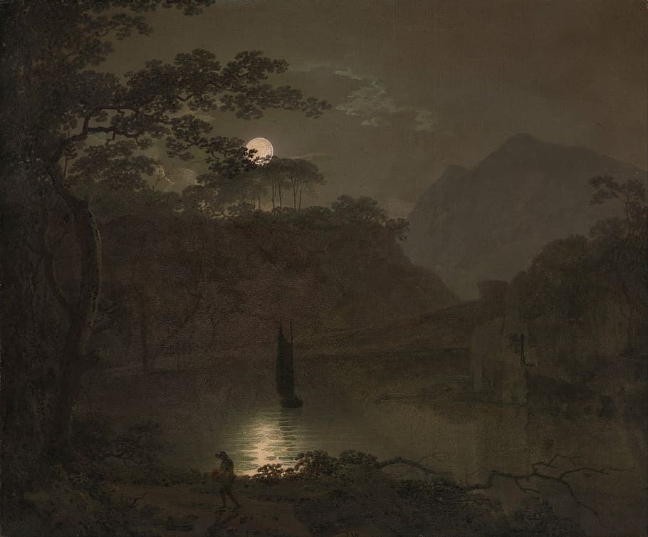 trees, body, water, nighttime, joseph wright, painting, oil on canvas, artistic, nature, outside