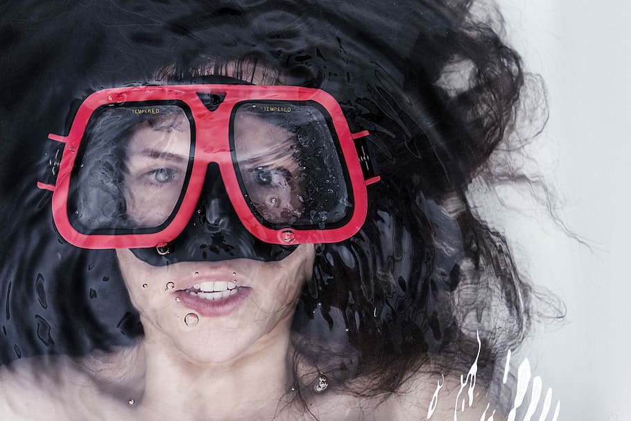 woman, lying, water, wearing, snorkel goggles, snorkel, goggles, people, whimsical, lazy