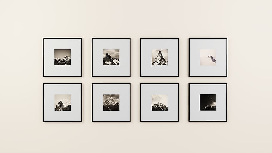 wall, picture frame, display, interior, design, decoration, black and white, gallery, indoor, illustration