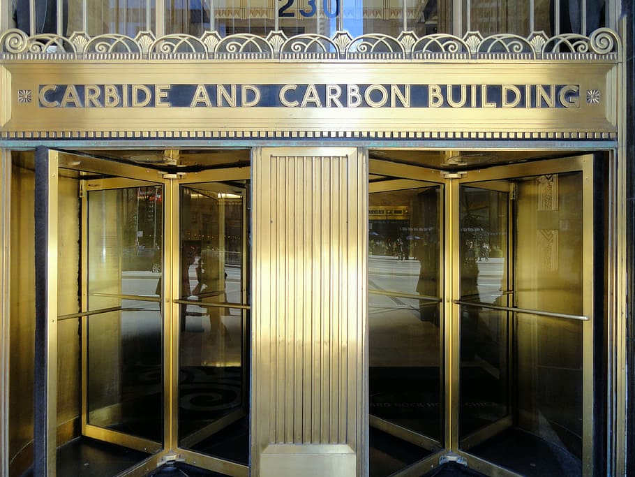 chicago, illinois, city, urban, carbide and carbon building, entrance, doorway, architecture, glass, revolving door