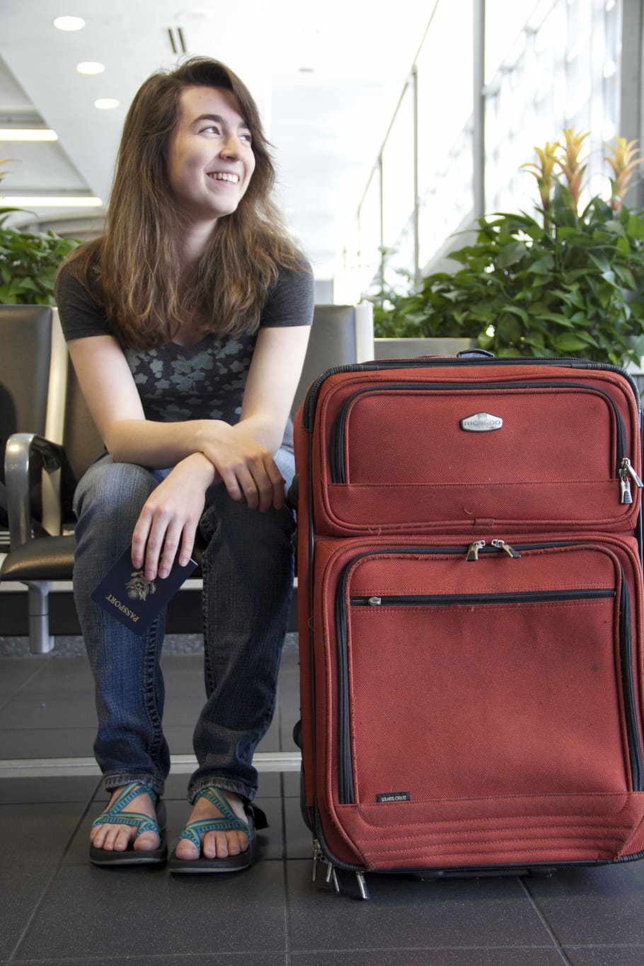 woman, sitting, Travel, Luggage, Journey, Airport, vacation, young, female, suitcase