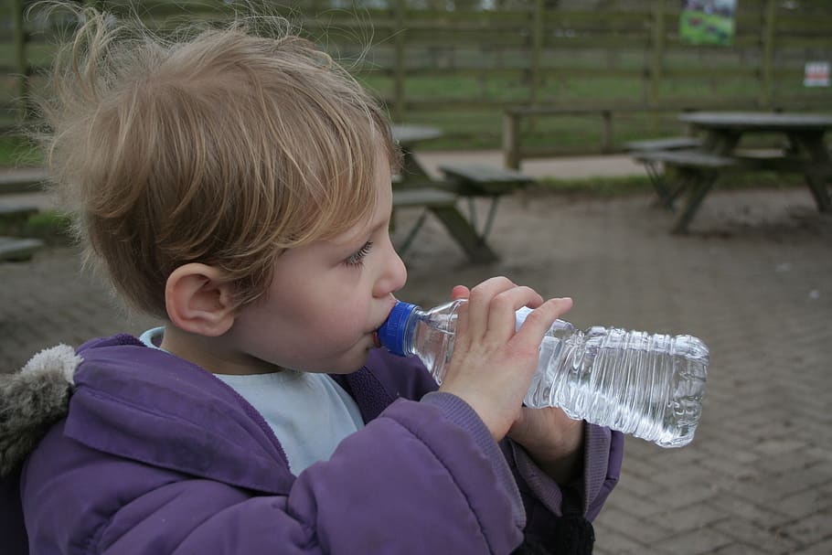 child, drinking, water, bottle, little, girl, drink, healthy, kid, boy