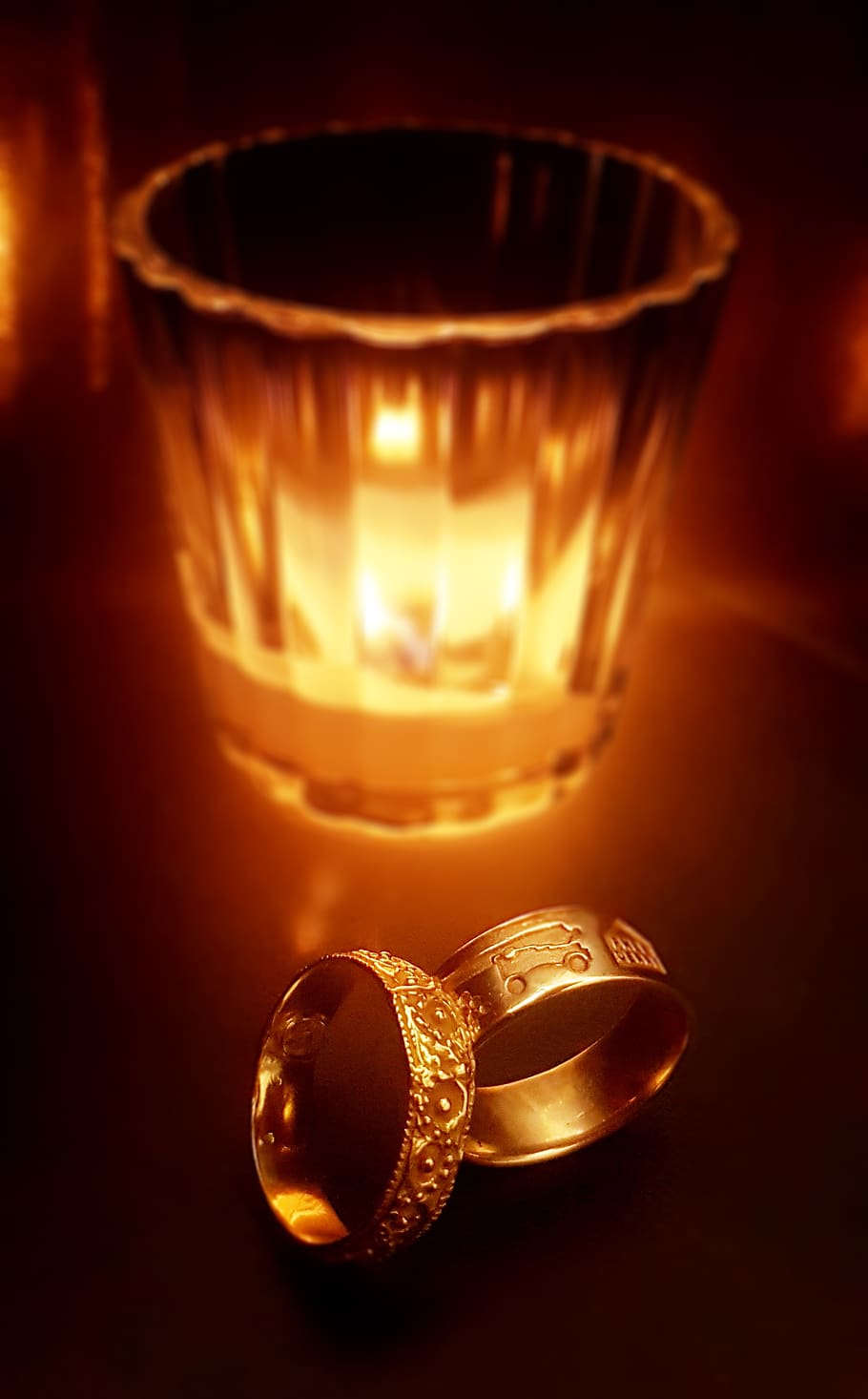 wedding, rings, fire, candle, close-up, food and drink, illuminated, indoors, focus on foreground, glass
