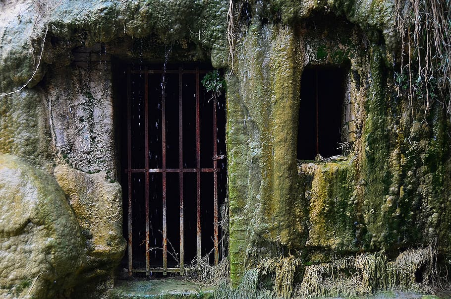 cage, door, window, grille, old, stone, mountain, prison, water, dampness