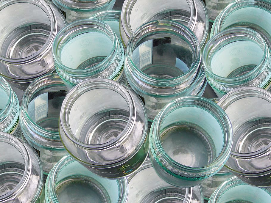clear, glass jar lot, bottles, jars, glass, bottle, recycle, recycling, recyclable, glass - material