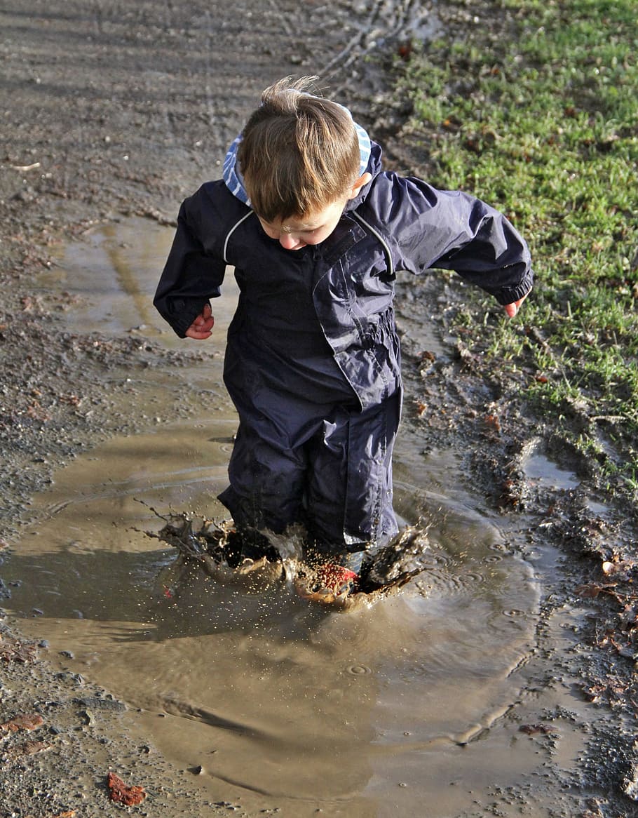 puddle, jump, child, splash, water, toddler, wet, childhood, boy, play