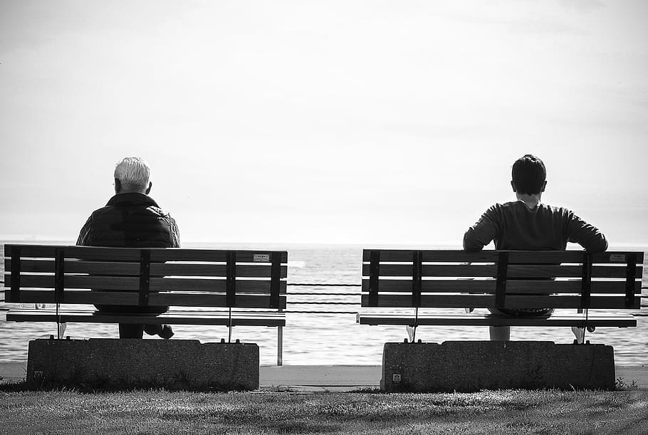 grayscale photography, men, sitting, bench, resting, wait, waiting, rear view, two people, adults only