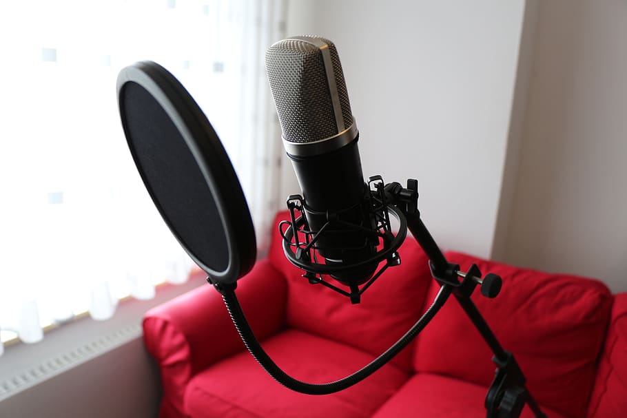 microphone, condenser microphone, popp protection, mike spider, sofa, seat, music, voice recording, sound recording, audio