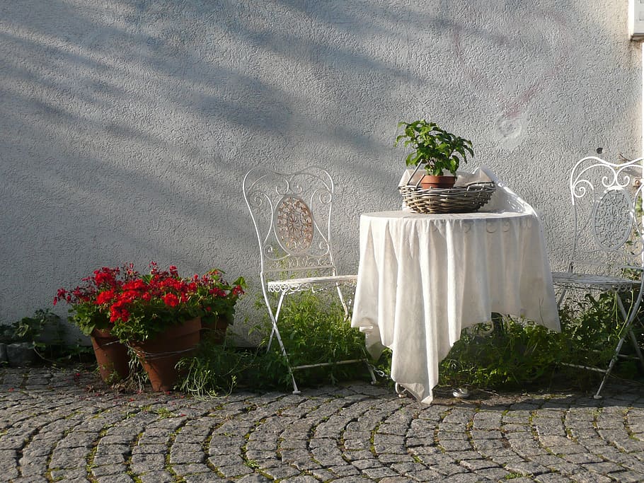 white, wrought, iron 3- piece patio, 3-piece, set, red, petaled flowers, table, chairs, outside